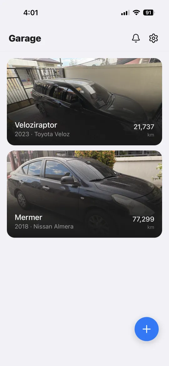 Garage screen showing list of saved vehicles