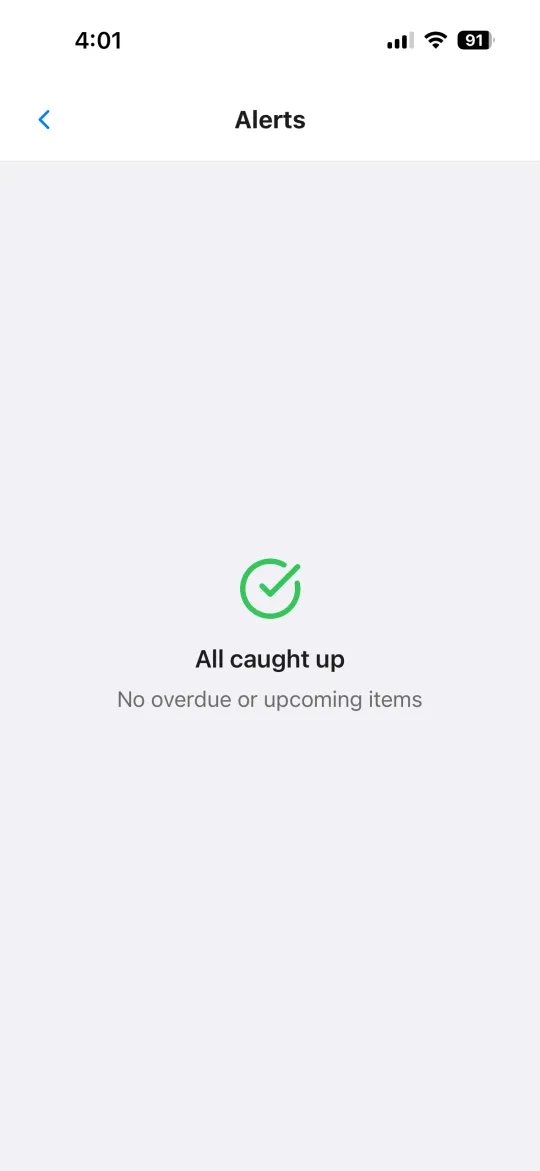 Alerts screen showing all caught up state