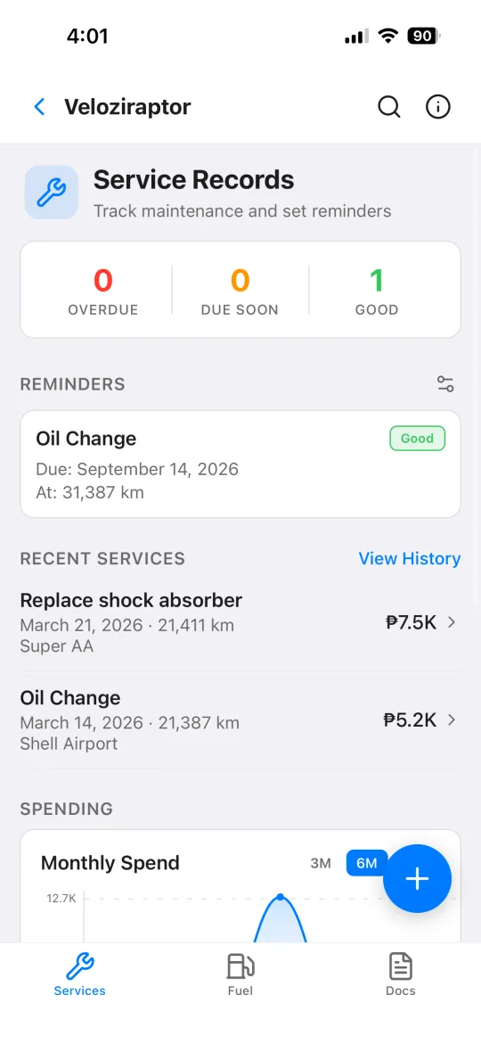 Service records screen with reminders and history