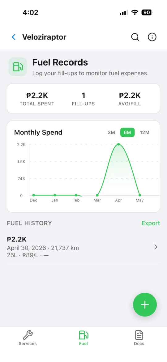 Fuel records screen with monthly spend chart