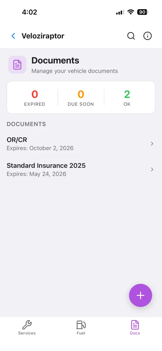 Documents screen with registration and insurance