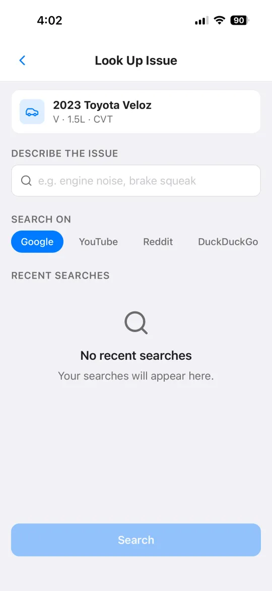 Look up issue screen for vehicle problems